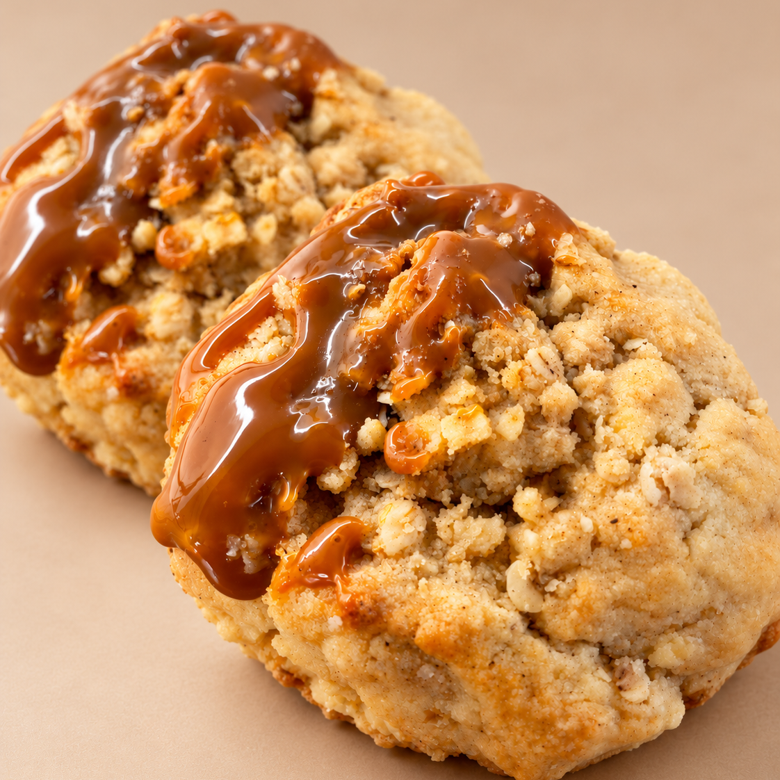 Two golden-brown baked apple crumble cookies topped with a salted caramel drizzle, postage nationwide UK.
