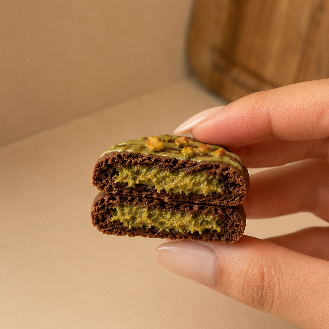 Luxury pistachio kunafa cookie with a gooey chocolate texture, handmade in small batches by Cookiegasm.