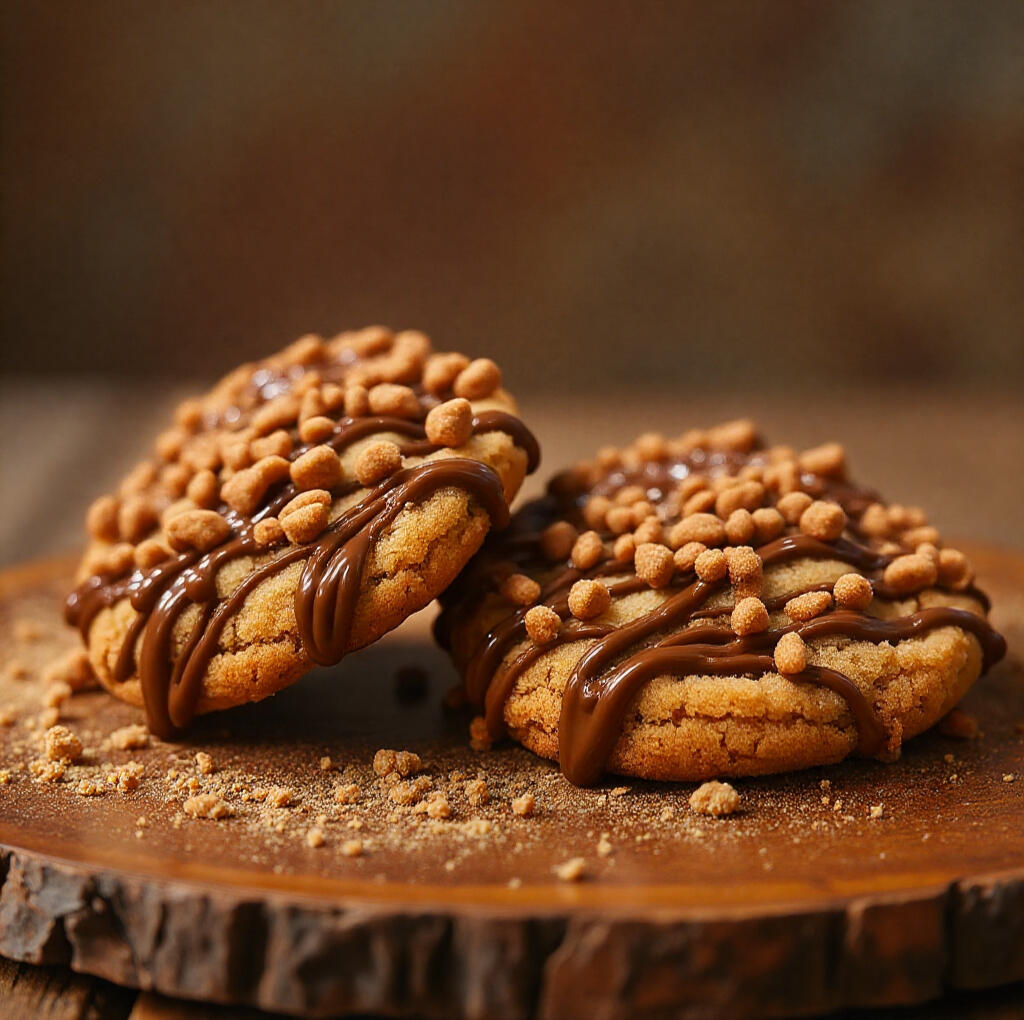 Two Cookiegasm Cookies on a wooden plank with sauce and topping and crumbs around