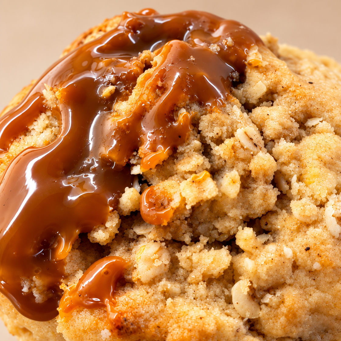 A close-up of apple crumble baked cookie topped with caramel sauce, a golden-brown textured with chunks of crumb. Homemade from scratch