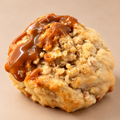Apple Crumble baked cookie with caramel sauce, freshly baked and decorated.