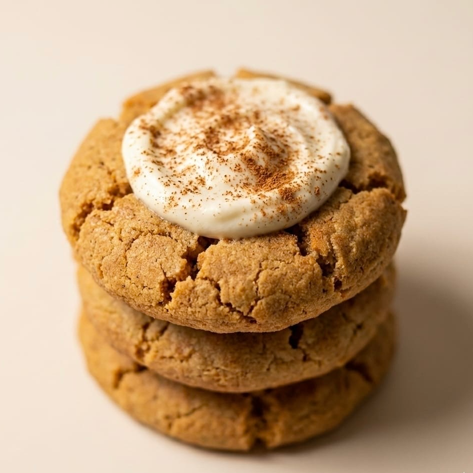 Stack of carrot cake cookies with cream filling topped with cinnamon