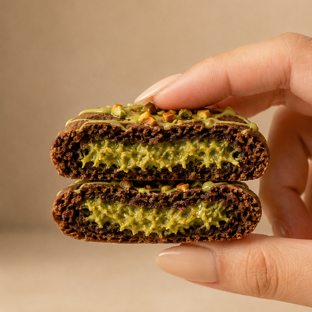Kiss Me Kunafa double chocolate cookie filled with pistachio cream and golden toasted kataifi