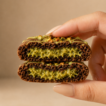 Kiss Me Kunafa double chocolate cookie filled with pistachio cream and golden toasted kataifi