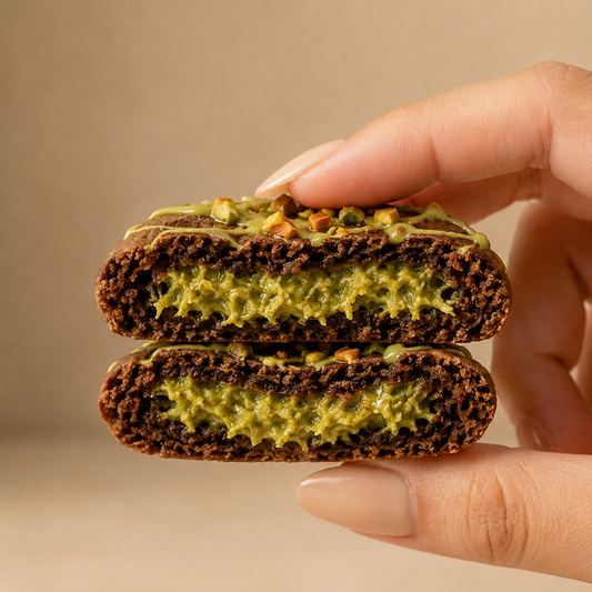 Kiss Me Kunafa double chocolate cookie filled with pistachio cream and golden toasted kataifi