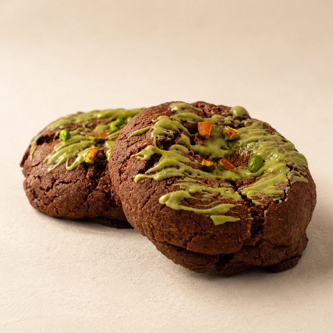 Kiss Me Kunafa double chocolate cookie filled with smooth pistachio cream and golden toasted kataifi, inspired by the viral Dubai chocolate dessert.