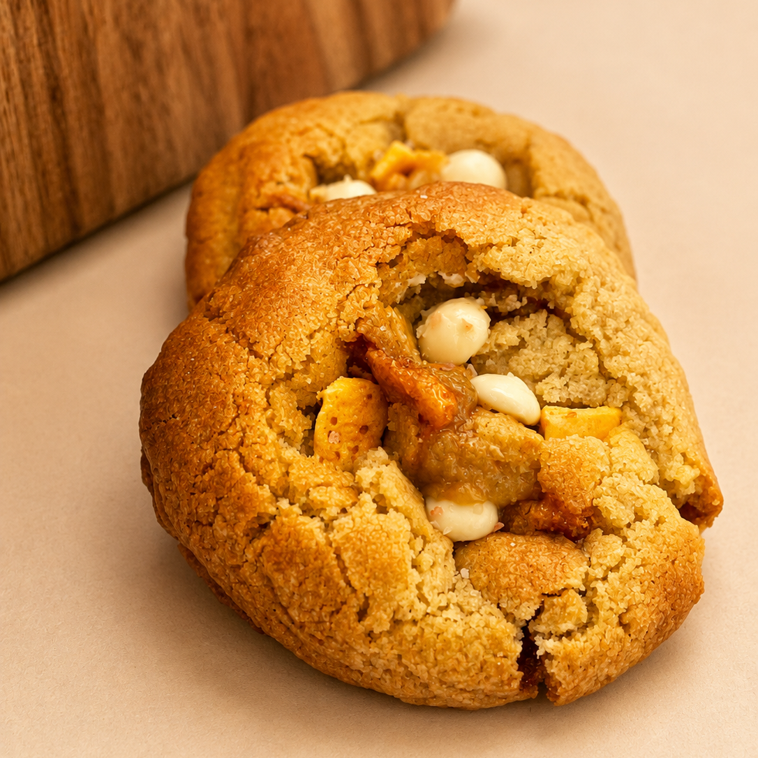 Two golden-brown honeycomb cookies filled with white chocolate chips and topped with sea salt