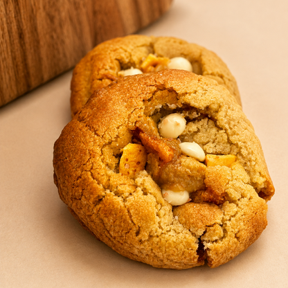 Two golden-brown honeycomb cookies filled with white chocolate chips and topped with sea salt