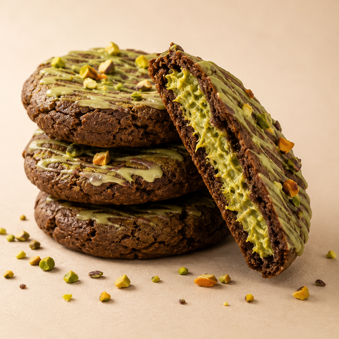 Handmade pistachio kunafa cookie with gooey crispy pistachio centre and toasted kataifi filling