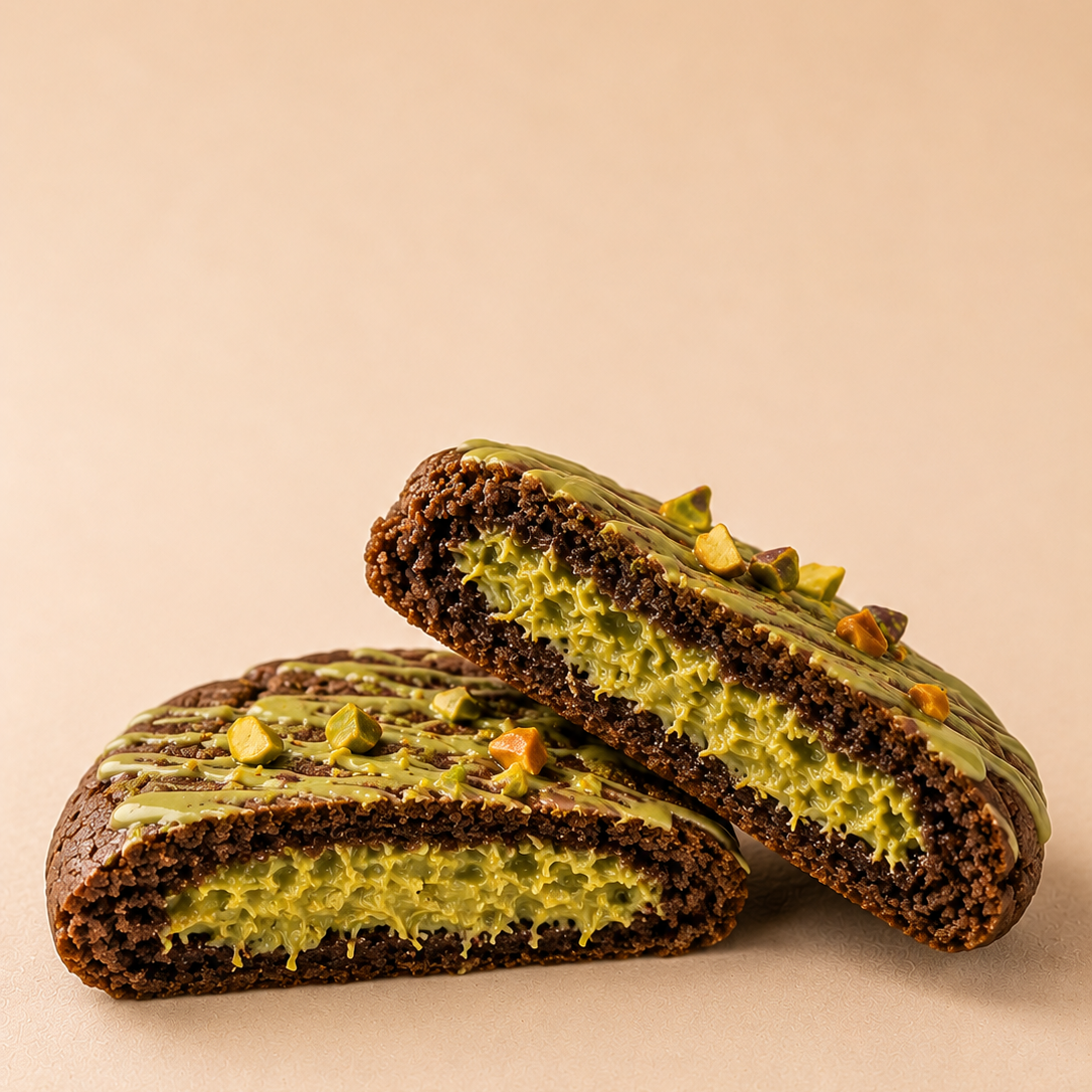 Luxury pistachio kunafa cookie with a gooey chocolate texture, handmade in small batches by Cookiegasm.