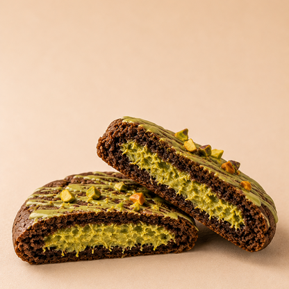 Luxury pistachio kunafa cookie with a gooey chocolate texture, handmade in small batches by Cookiegasm.