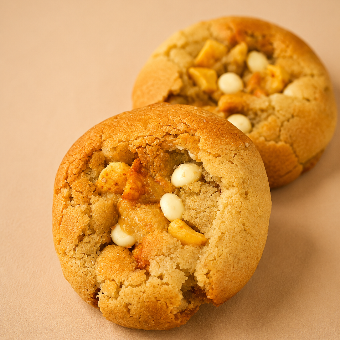 Two golden-brown cookies with white chocolate chips and salted honeycomb, photographed on a warm beige background.