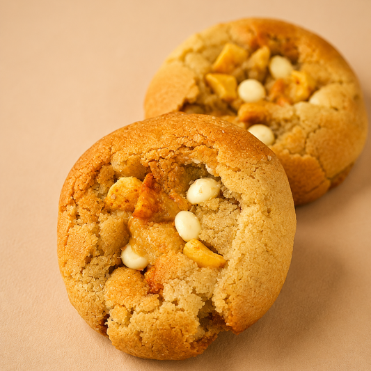 Two golden-brown cookies with white chocolate chips and salted honeycomb, photographed on a warm beige background.